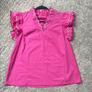Women’s Pink Scalloped Sleeve V-Neck Top